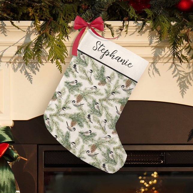 Winter Chickadee Woodland Watercolor jul Liten Julstrumpa (Skapare uppladdad)