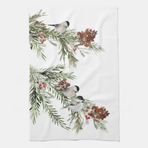 Winter Chickadees Grönt Spruce Träd Cones Berrie Kökshandduk