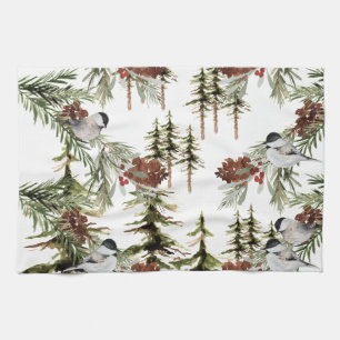 Winter Chickadees Spruce Träd Woodland Helgdag Kökshandduk