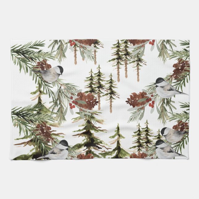 Winter Chickadees Spruce Träd Woodland Helgdag Kökshandduk (Horisontell)