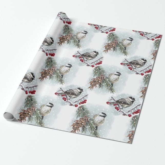 Winter Chickadees, Watercolor Farmhouse jul Presentpapper (Utrullad)