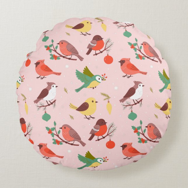Winter Christmas Birds Kids Rund Kudde (Framsidan)