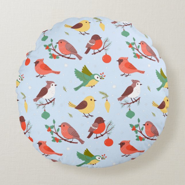 Winter Christmas Birds Kids Rund Kudde (Framsidan)