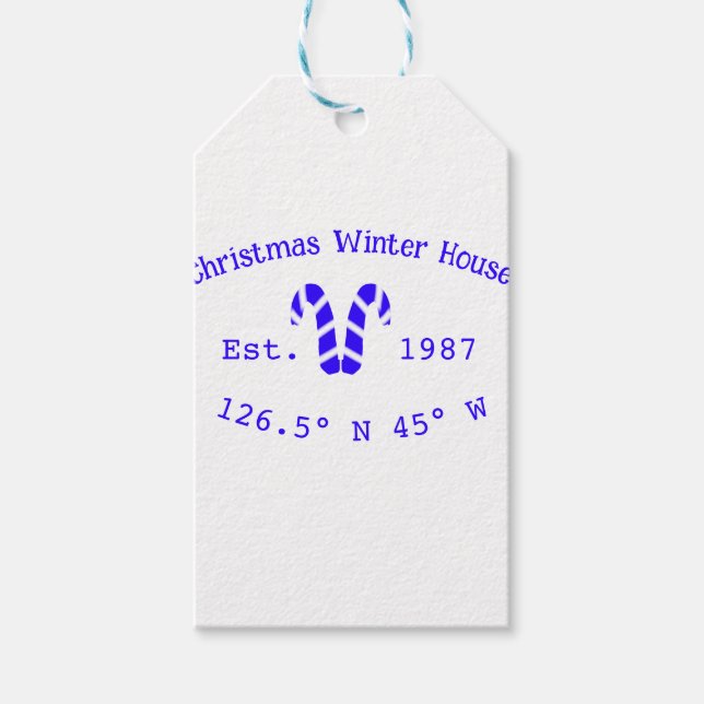 Winter Christmas house blue candy canes est. Year  Presentetikett (Framsidan)