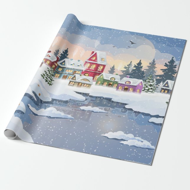 Winter Christmas landscape with snow-covered house Presentpapper (Utrullad)