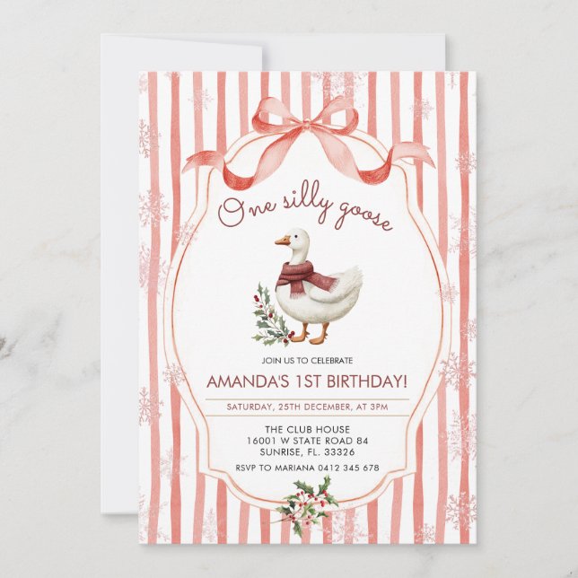 Winter Christmas Silly Goose 1st Birthday Inbjudningar (Framsida)