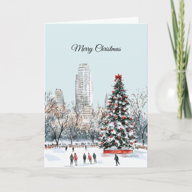 Winter Christmas Tree City Ice Skaters Buildings Kort (Framsida)