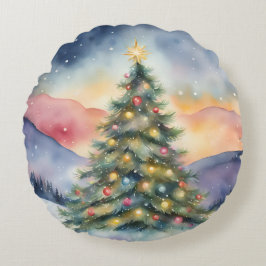 Winter Christmas Tree Snowy Sunset Scenery Rund Kudde