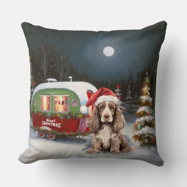Winter Cocker Spain Caravan jul Äventyr Kudde (Framsida)