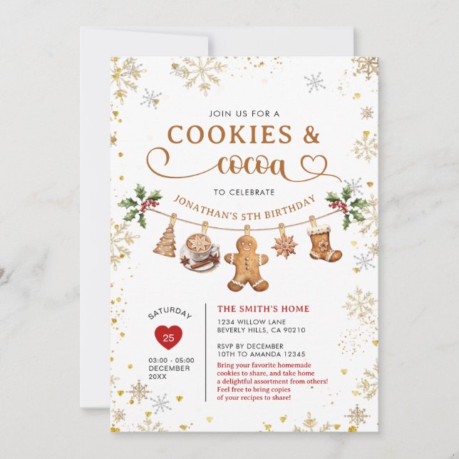 Winter Cookies & Cocoa Birthday Gold Snowflakes Inbjudningar (Framsida)