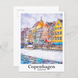 Winter Copenhagen Danmark Watercolor Hand plockade Vykort