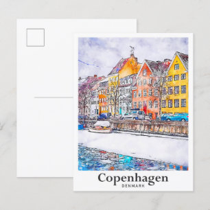 Winter Copenhagen Danmark Watercolor Hand plockade Vykort