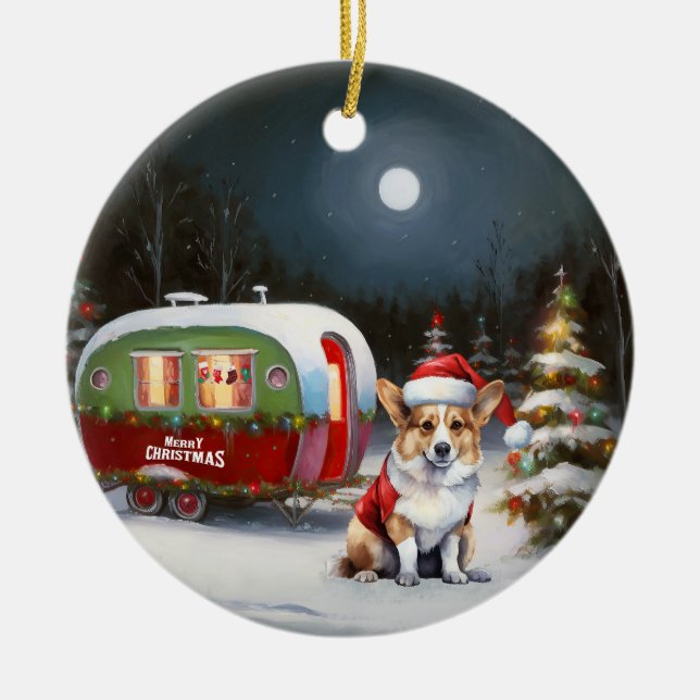 Winter Corgi Caravan jul Äventyr Julgransprydnad Keramik (Framsidan)