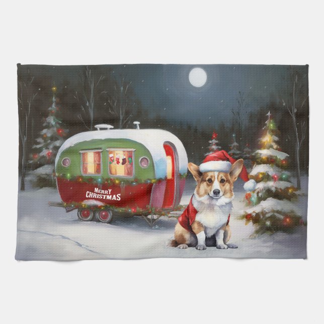 Winter Corgi Caravan jul Äventyr Kökshandduk (Horisontell)