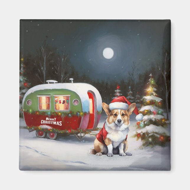 Winter Corgi Caravan jul Äventyr Magnet (Framsidan)