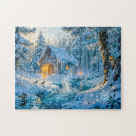 Winter Cottage by the Forest Stream Pussel