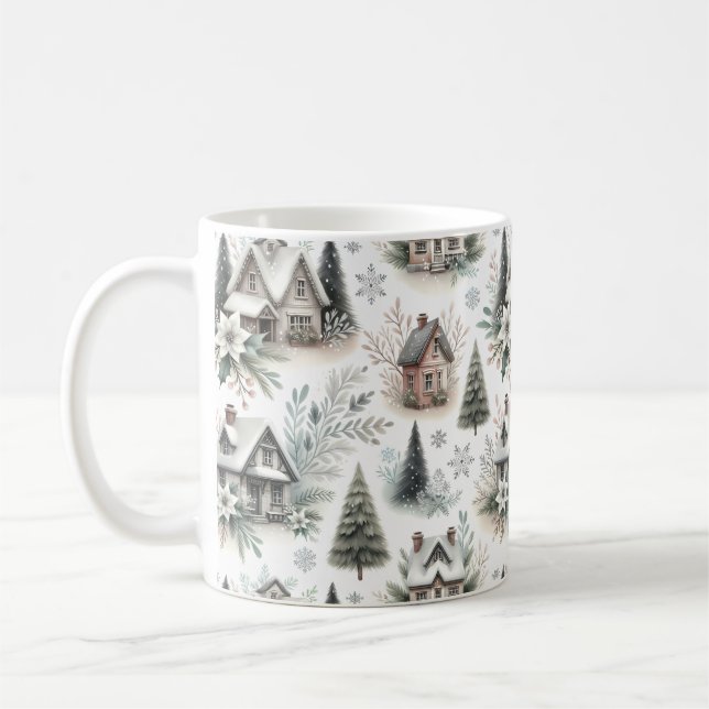 Winter Cottage Snowfall Pattern Kaffemugg (Vänster)