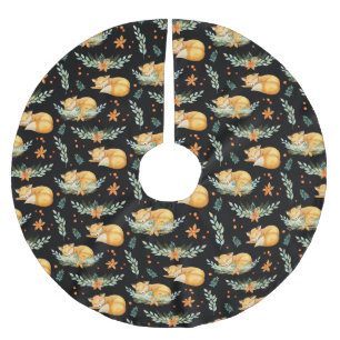 Winter Cottagecore Sleeping Fox Black Julgransmatta Borstad Polyester