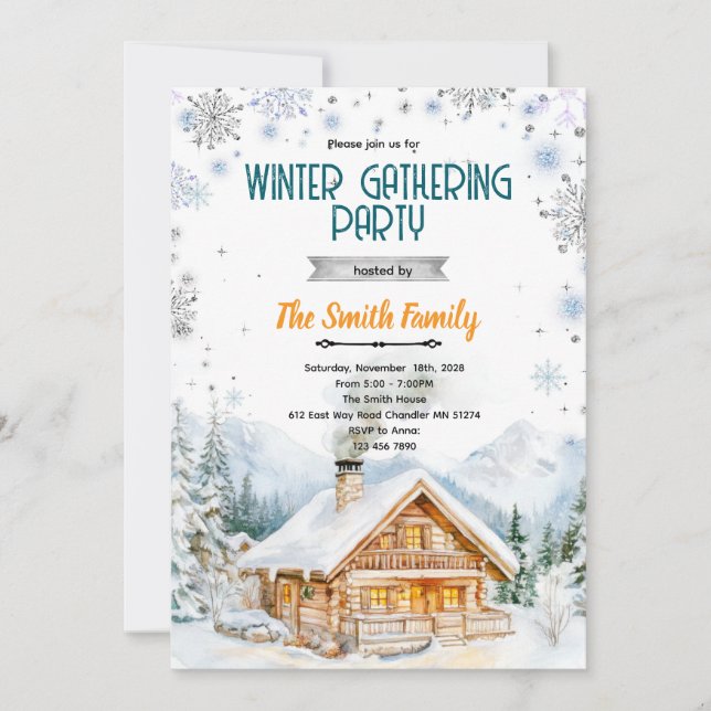 Winter cozy cabin party invitation inbjudningar (Framsida)