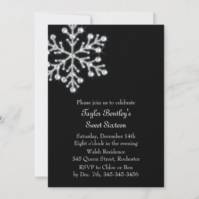 Winter Crystal Sweet 16 Birthday Inbjudan svart (Framsida)