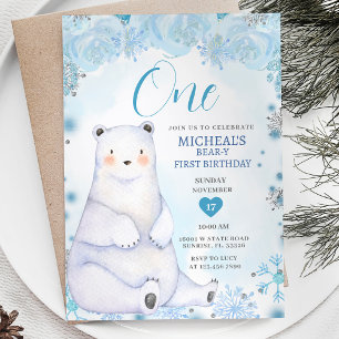 Winter Cute Bear Snowflake Blåa blommor Birthday Inbjudningar