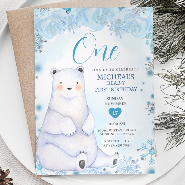 Winter Cute Bear Snowflake Blåa blommor Birthday Inbjudningar (Skapare uppladdad)