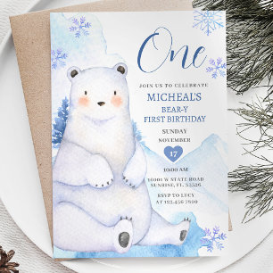 Winter Cute Bear Snowflake Forest First Birthday Inbjudningar