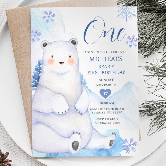 Winter Cute Bear Snowflake Forest First Birthday Inbjudningar (Skapare uppladdad)