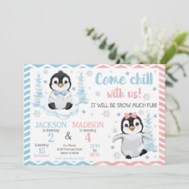 Winter Cute Penguins Joint Birthday Inbjudningar