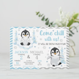 Winter Cute Penguins Joint Birthday Inbjudningar