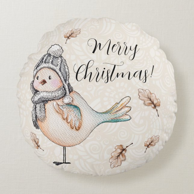 Winter Cute Sparrow Illustration Rund Kudde (Framsidan)