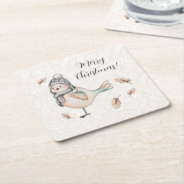 Winter Cute Sparrow Illustration Underlägg Papper Kvadrat (Vinklad)