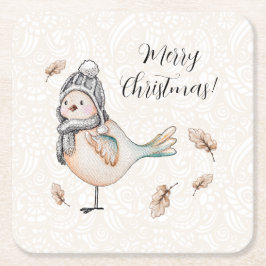 Winter Cute Sparrow Illustration Underlägg Papper Kvadrat
