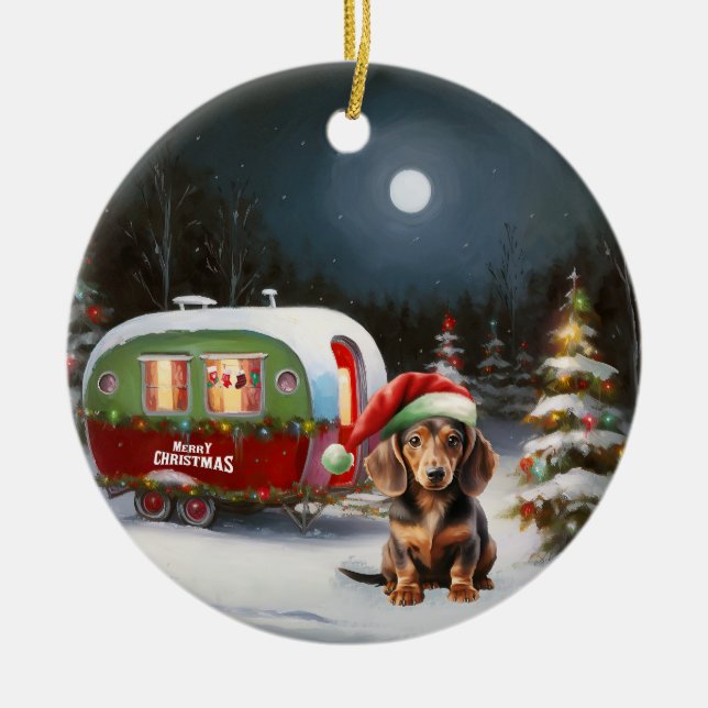 Winter Dachshund Caravan jul Äventyr Julgransprydnad Keramik (Framsidan)