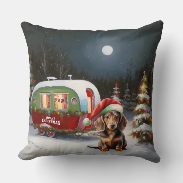 Winter Dachshund Caravan jul Äventyr Kudde (Framsida)