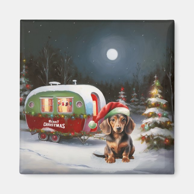 Winter Dachshund Caravan jul Äventyr Magnet (Framsidan)