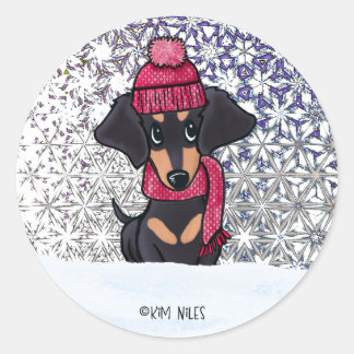 Winter Dachshund Classic Round Stick Runt Klistermärke
