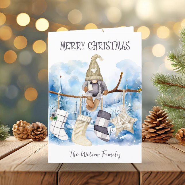 Winter Dam Gnome på Gren God jul Helgkort (Winter Lady Gnome on Branch Merry Christmas Holiday Card)
