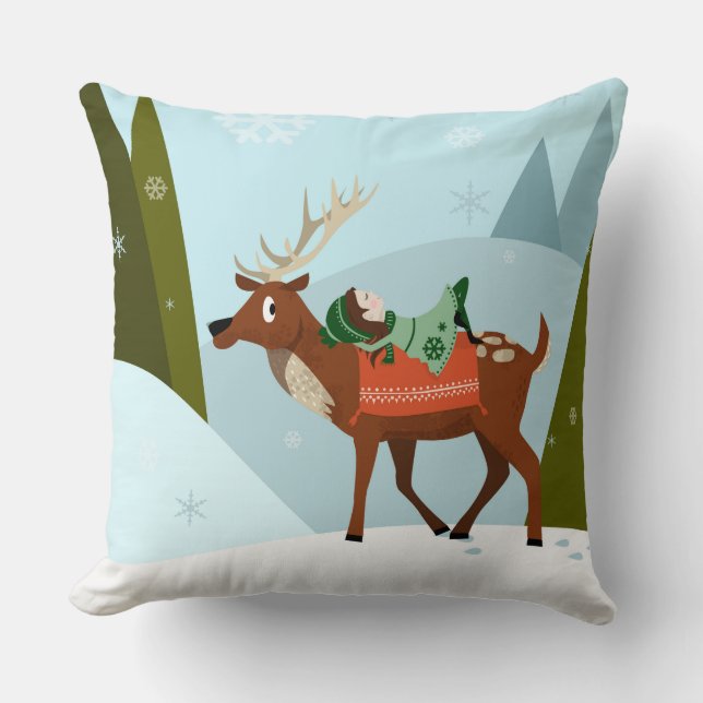 Winter deer and elf in snow Christmas tale fun art Kudde (Framsida)