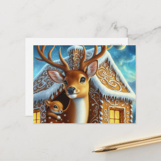  Winter Deer Family in Gingerbread House Postcard Vykort