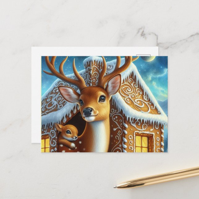  Winter Deer Family in Gingerbread House Postcard Vykort (Fram/Back In Situ)