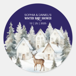 Winter Deer in Village Watercolor Baby Shower Runt Klistermärke