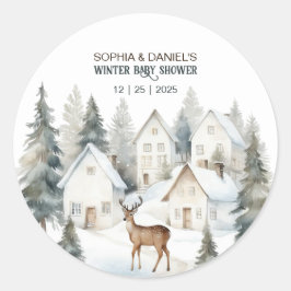 Winter Deer in Village Watercolor Baby Shower Runt Klistermärke