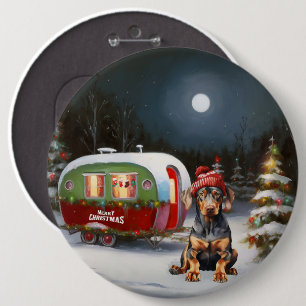 Winter Doberman Caravan jul Äventyr Knapp