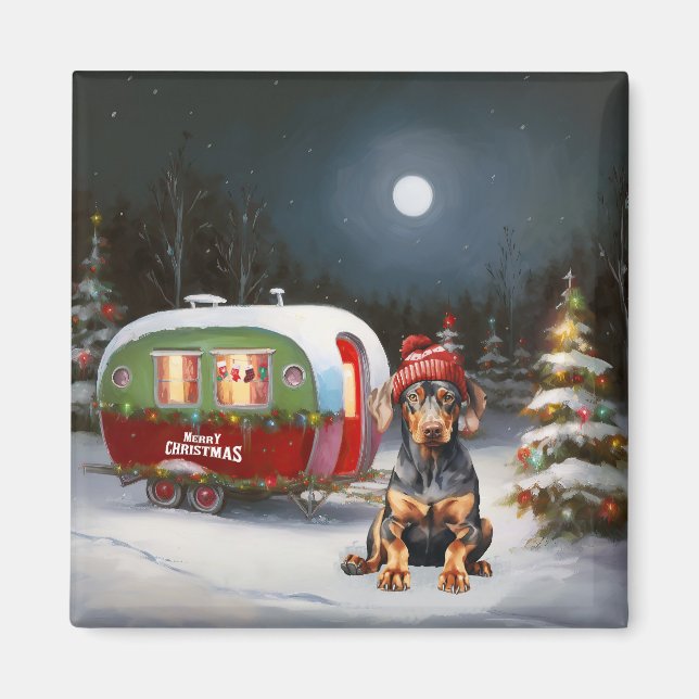 Winter Doberman Caravan jul Äventyr Magnet (Framsidan)