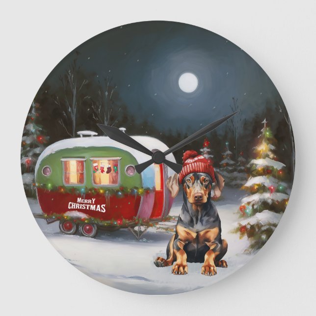 Winter Doberman Caravan jul Äventyr Stor Klocka (Framsida)