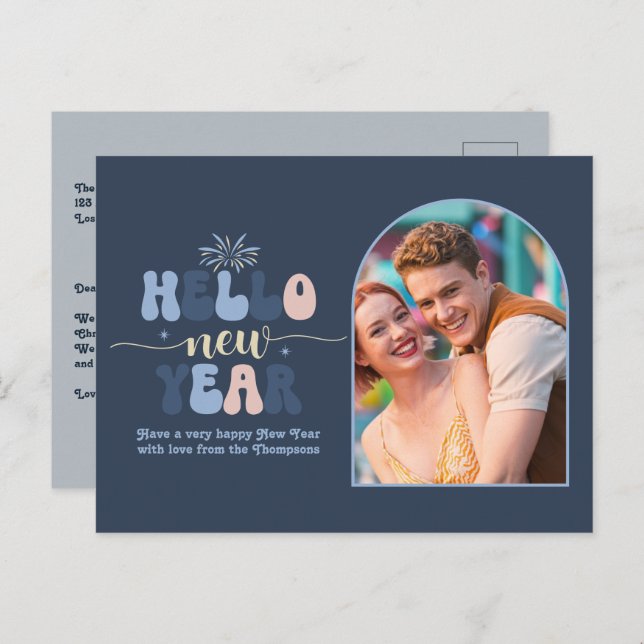 Winter Dusk New Year Retro Modern Blue Photo Helg Vykort (Fram/baksida)