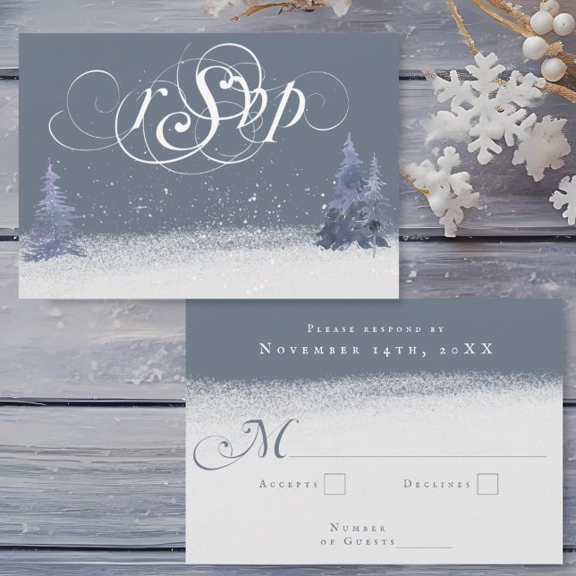 Winter Dusty Blue and White Woodland Bröllop OSA Kort (A dusty blue and white winter wedding RSVP card with calligraphy, pine trees, and falling snow.)
