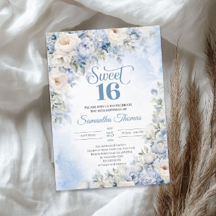 Winter Dusty Blue och Ivory Flowers Sweet 16 Inbjudningar