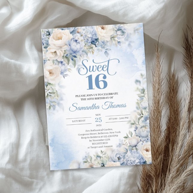 Winter Dusty Blue och Ivory Flowers Sweet 16 Inbjudningar (Winter Dusty Blue and Ivory Flowers Sweet 16 Invitation)